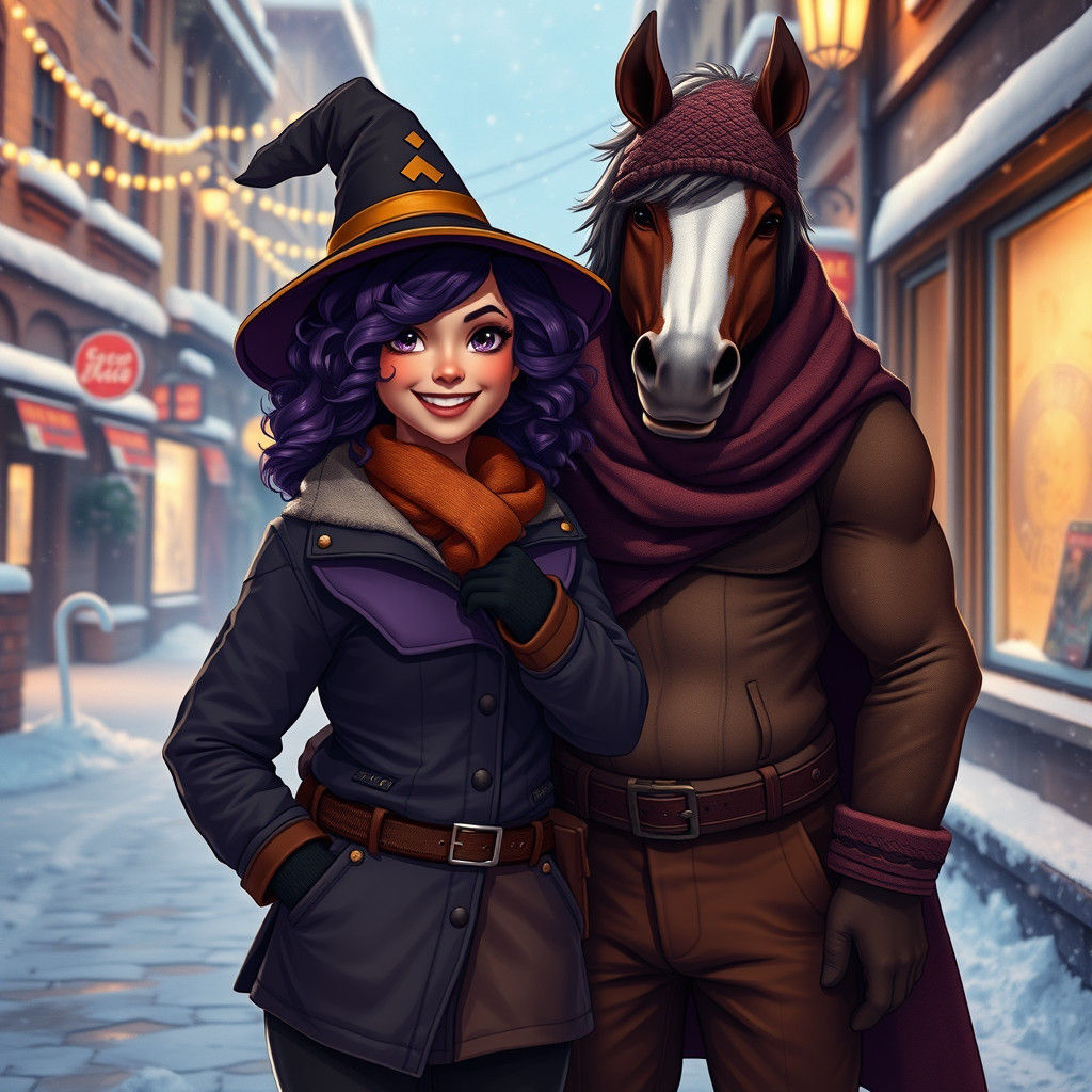 Magical Snowy Cityscape: Witch and Centaur Embrace