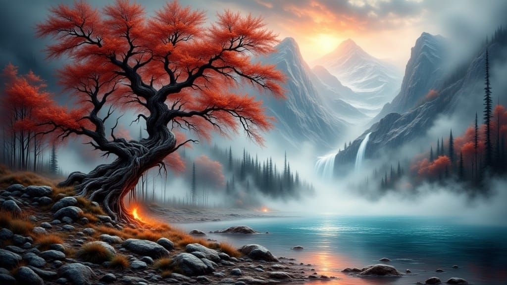 Ancient Tree Sentinel Amidst Blazing Lake and Misty Mountain...