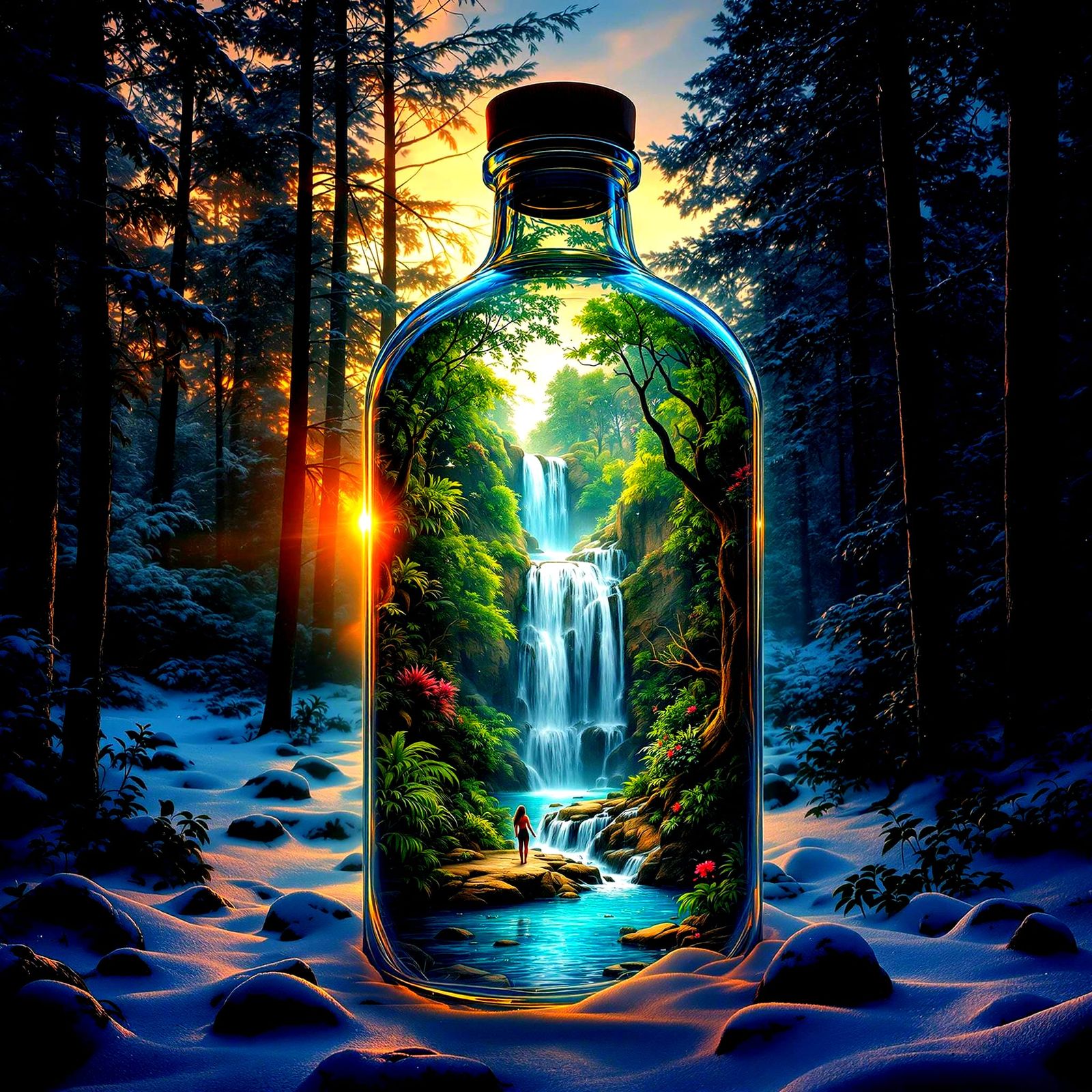 Vibrant Holographic Jungle Scene in a Snowy Sunset Glass Bot...