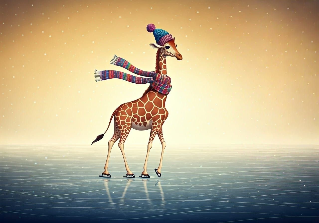 Giraffe in Winter Wonderland, Whimsical Folk Art Style