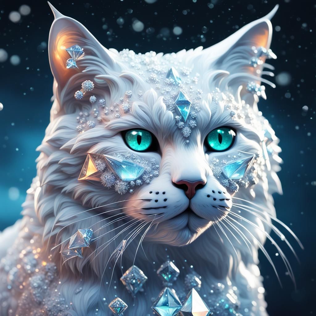 Intricate Fractal Ice Cat with Diamonds