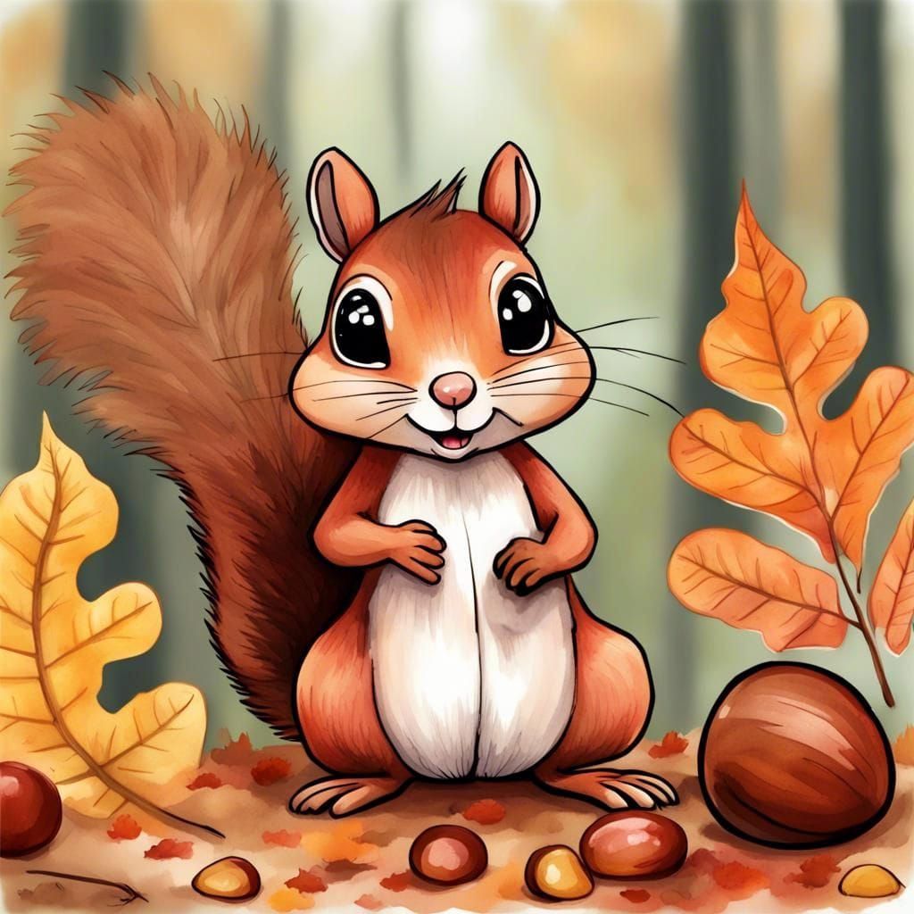 Cute Squirrel in Autumn Forest, Watercolor Kawaii Style