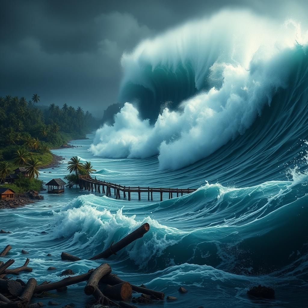 Giant Tsunami Devastates Indonesian Coastline: Photorealisti...