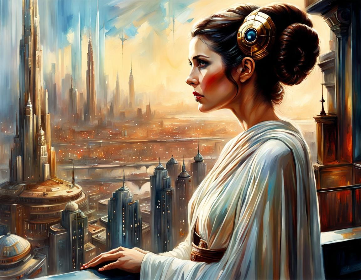 Princess Leia Overlooks Coruscant: Stylized Watercolor Art