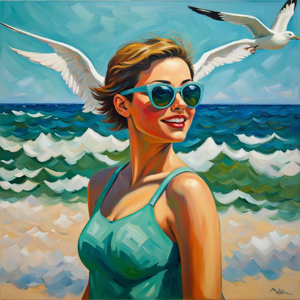 Girl at Beach: Neo-Impressionist Oil Painting