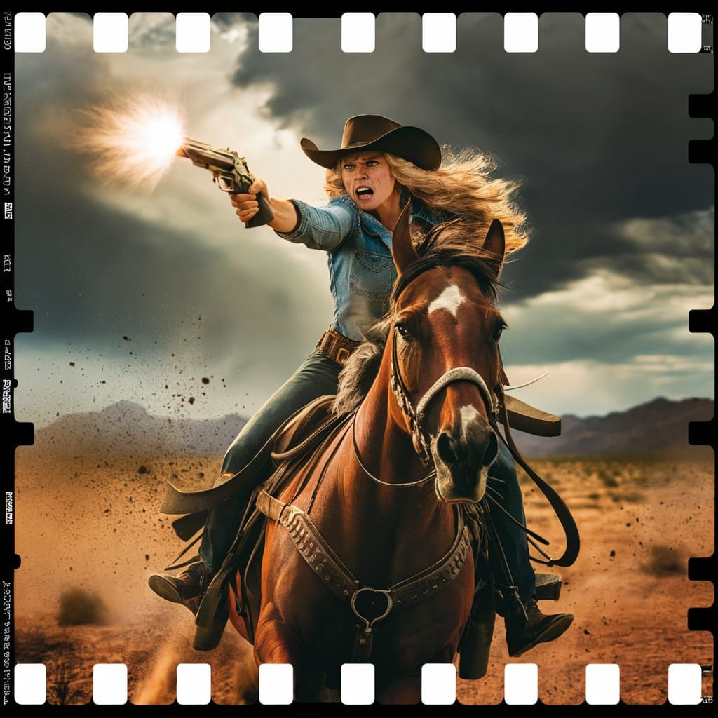 Fierce Cowgirl Cat Rides Through Stormy Desert