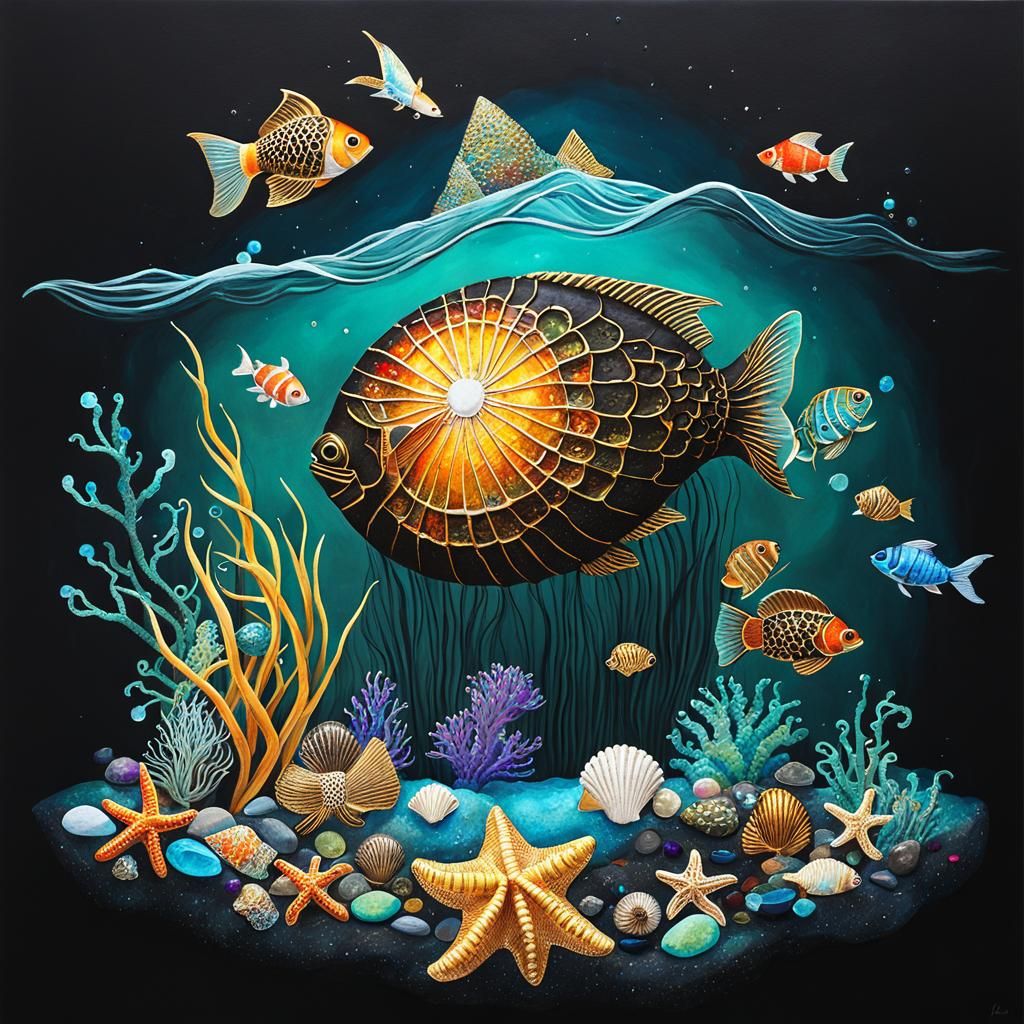 Bejeweled Ocean with Golden Wicker Fish
