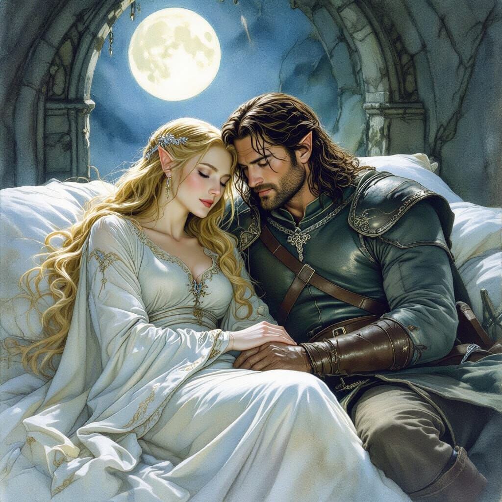 Galadriel and Aragorn in Moonlit Chamber: Watercolor Style