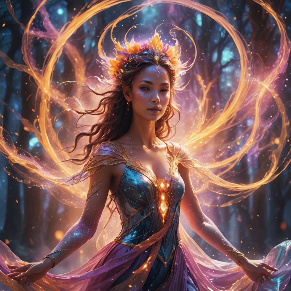 Radiant Avatar Woman in Shimmering Fantasy World