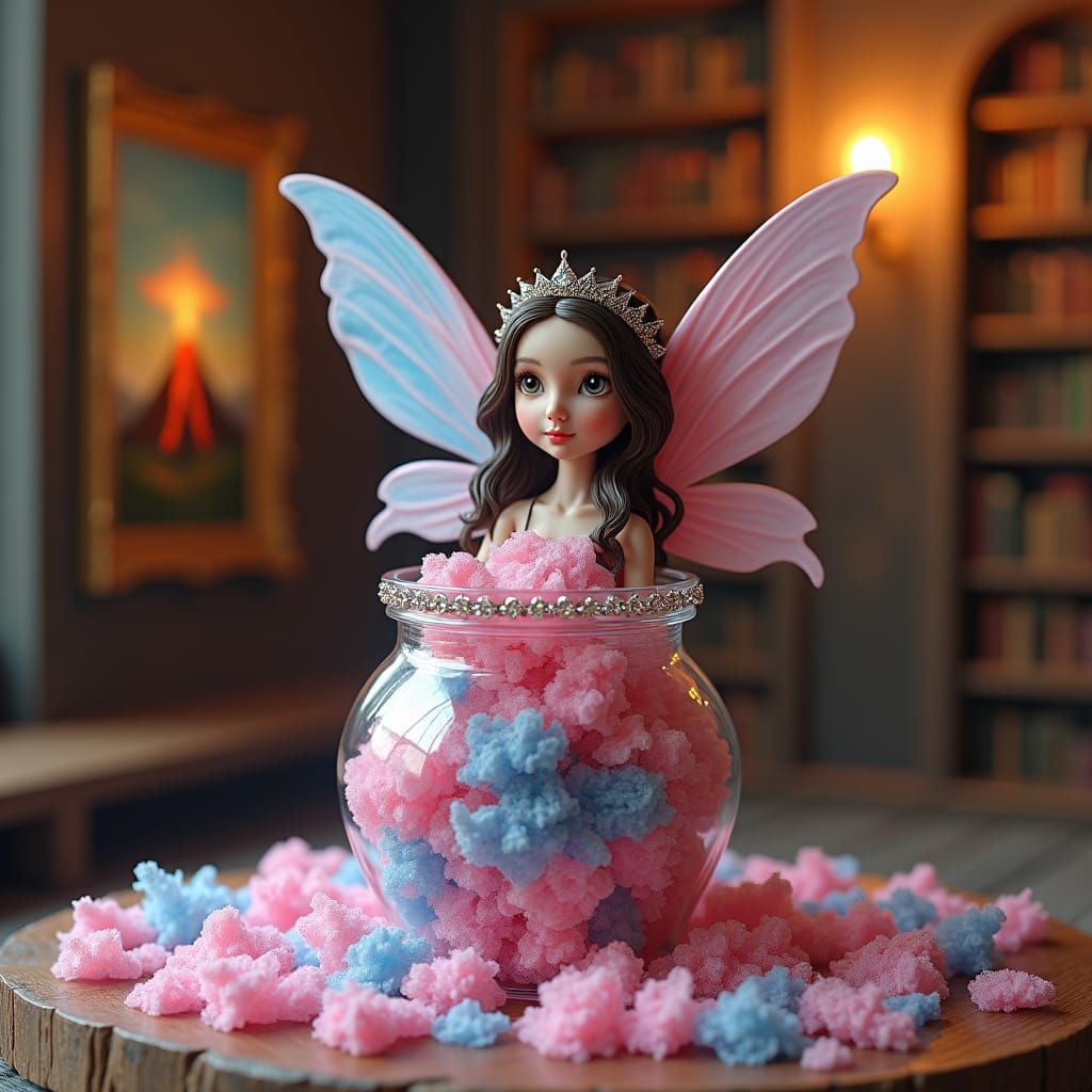 Miniature Fairy Emerges from Candyfloss Jar