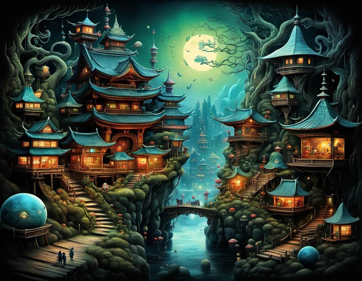 Japanese Landscapes: Intricate Pen Drawings and Spherical Sc...