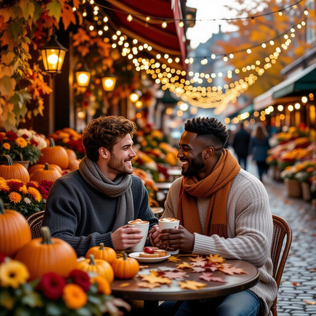 Cozy Autumn Cafe Scene: Gay Couple in Love