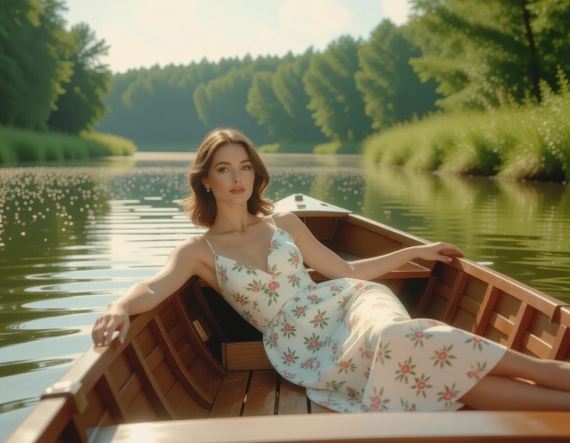 Woman in Boat Touching Water, Photorealistic Style