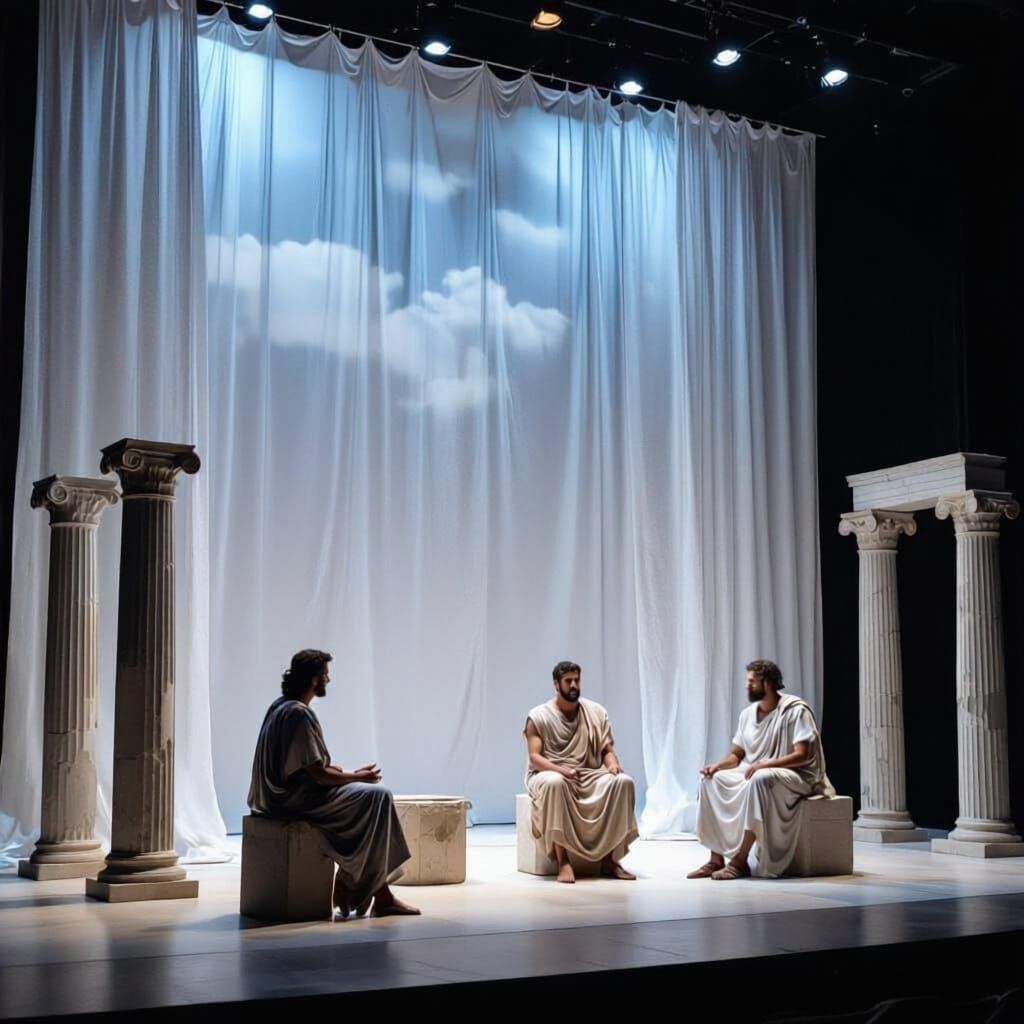 Greek Stage Design with Ancient Columns and Sky Curtain