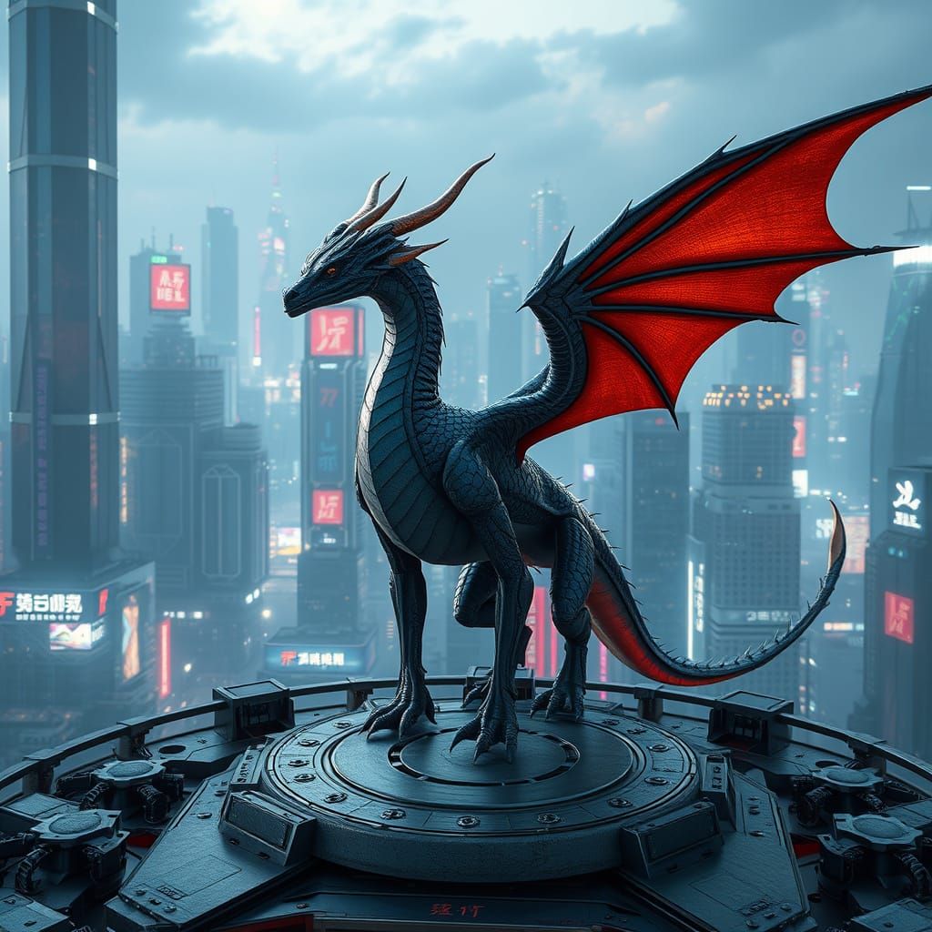 Epic Cyberpunk Dragon Silhouette Against Dystopian Cityscape