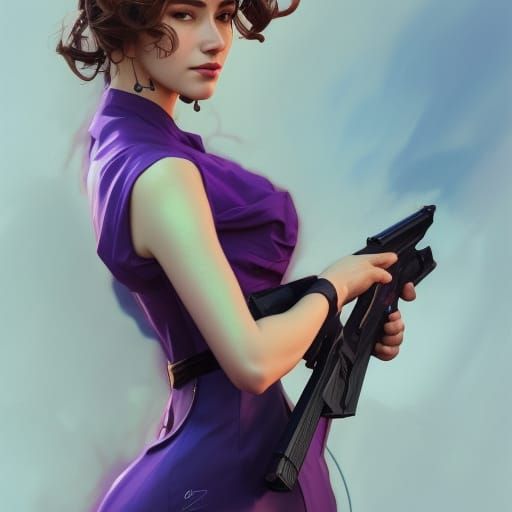 Woman in Purple Dress with Gun, Detailed Portrait