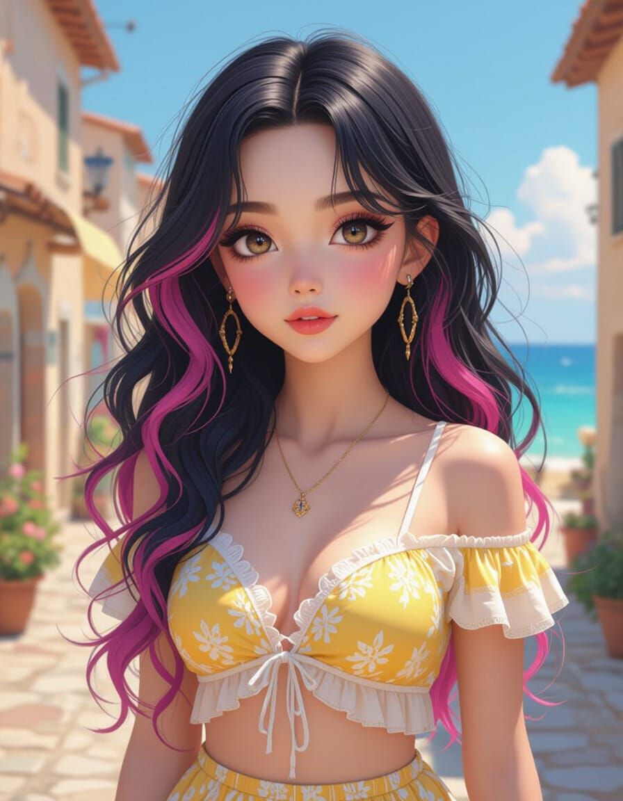 Stunning Woman in Roman Village: Pop Art Manga Style