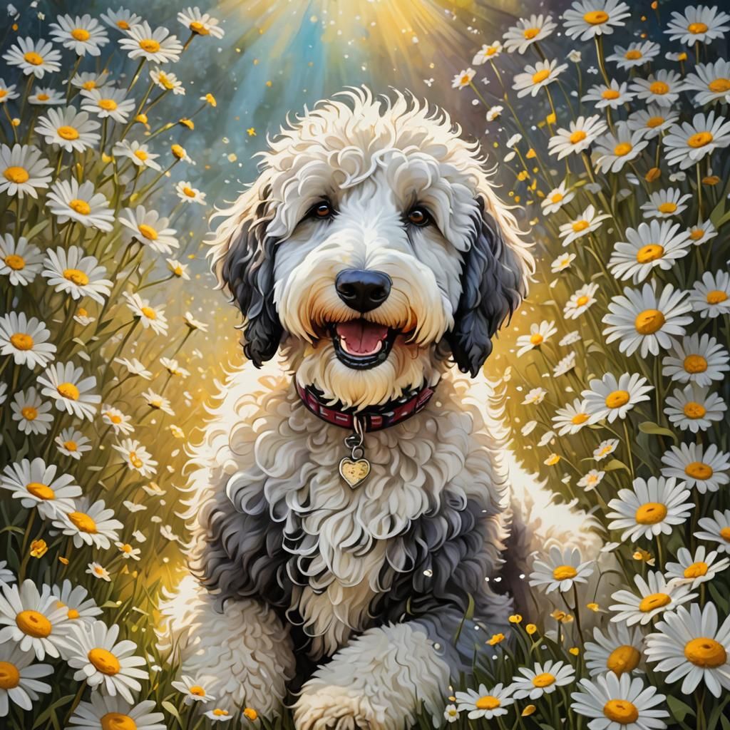 Whimsical Sheepadoodle Birthday in Vibrant Oil Painting