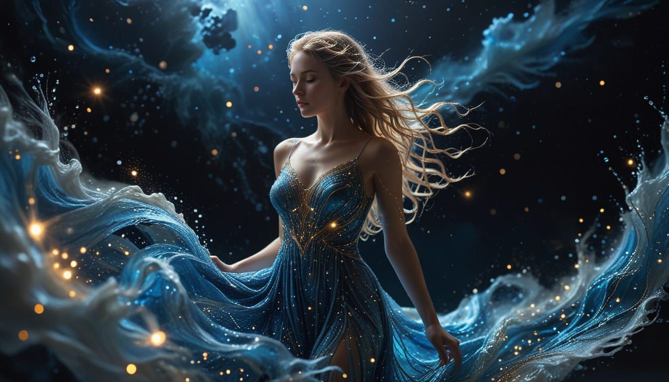 Beautiful Woman in Glowing Dress, Hyperrealistic Digital Art