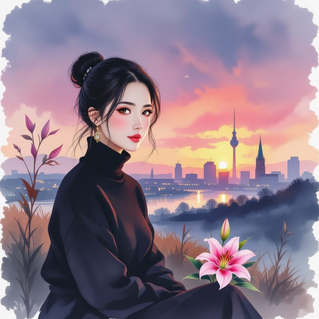 Watercolor Portrait of a Lonely Asian Woman