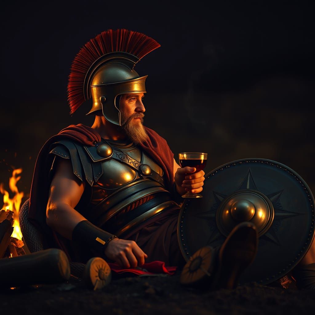 Ancient Greek Hoplite by Campfire in Golden Light