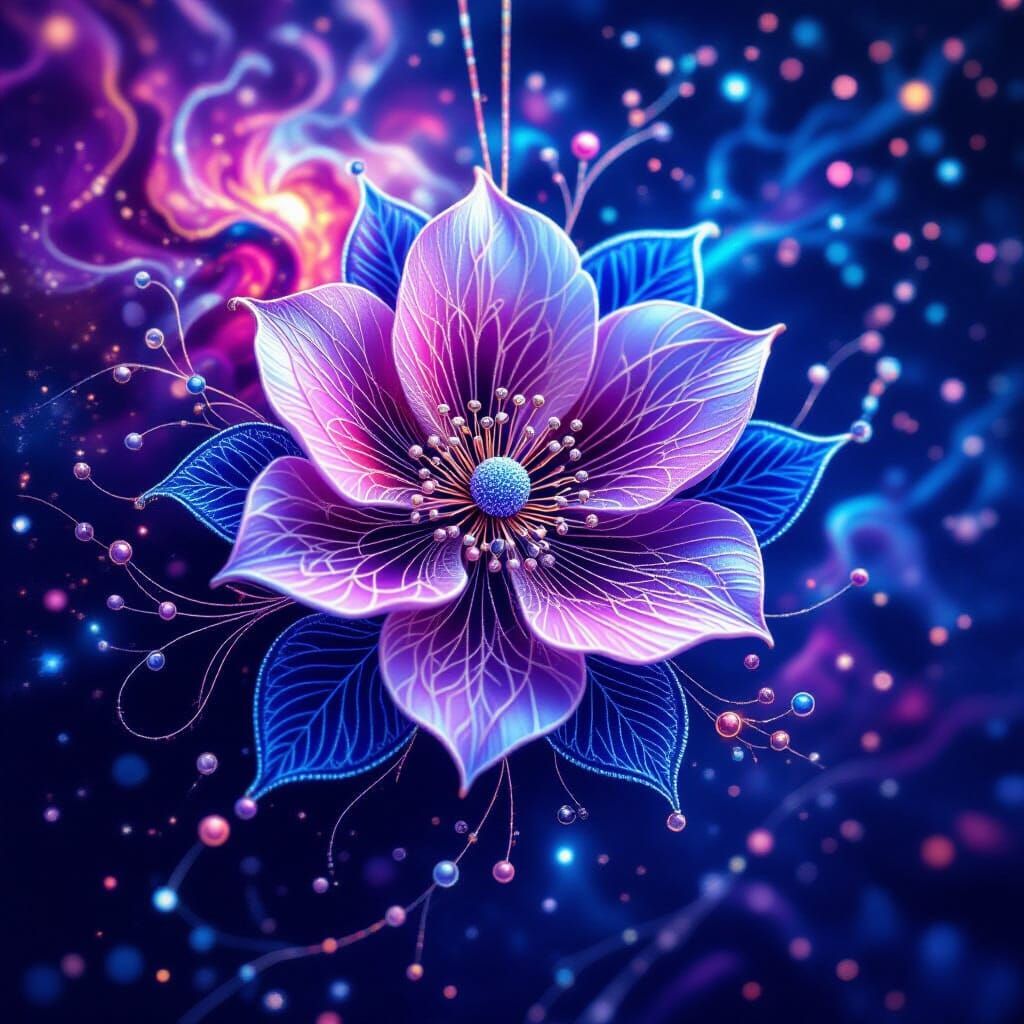 Embroidered Flower Suspended in Vibrant Galaxy