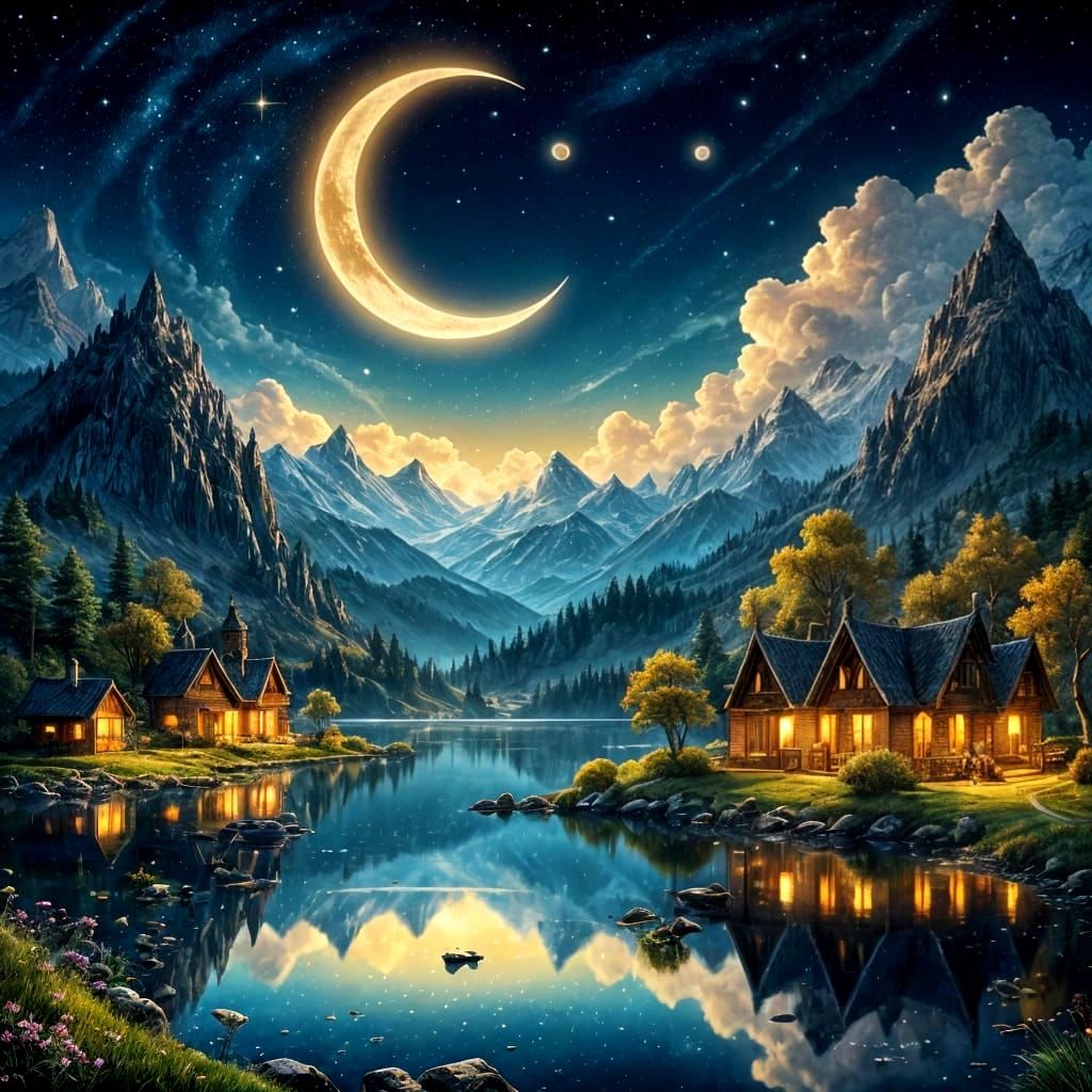 Moonlit Lake Village Under Starry Night