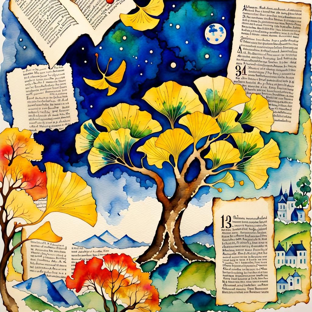 Gingko Tree Watercolor in Chagall Style