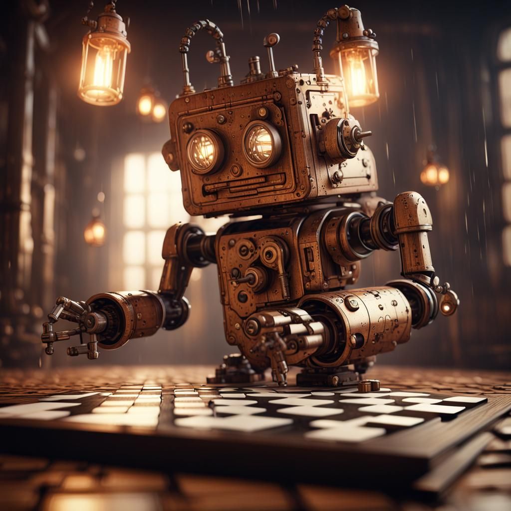 Clockwork Robot Solving Crossword Puzzle in Sci-Fi Setting