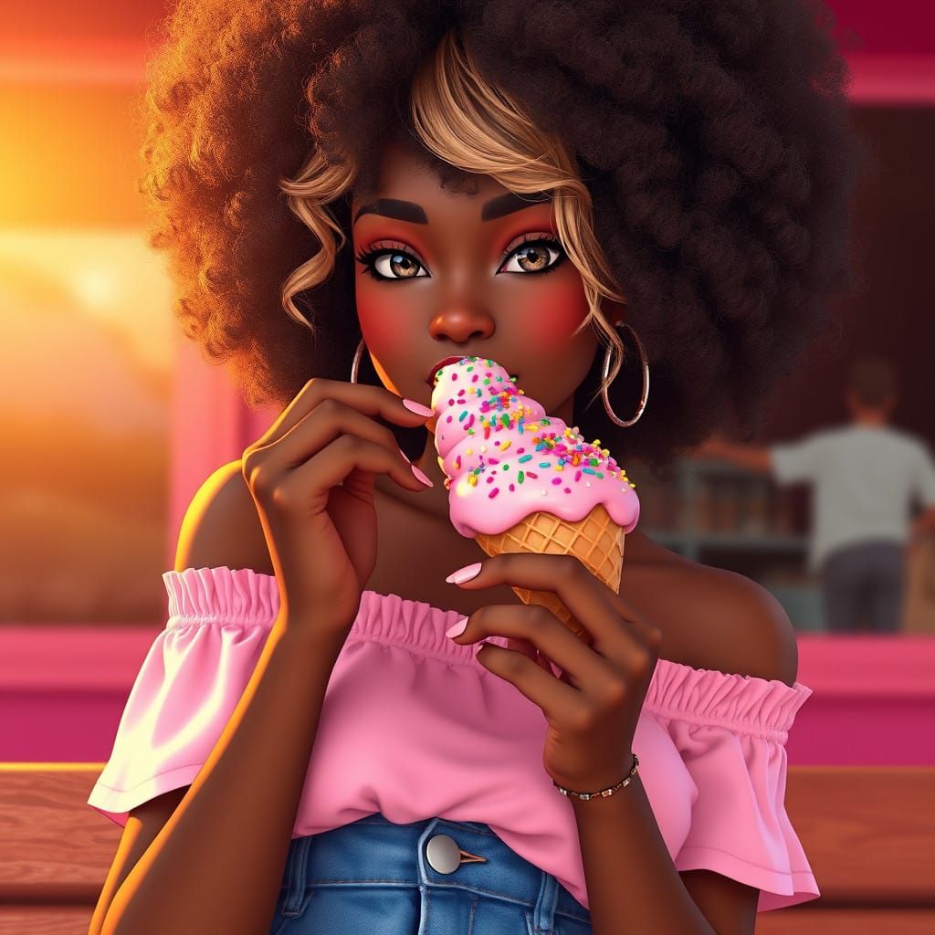 Vibrant Girl Enjoying Colorful Ice Cream in 3D Anime Style