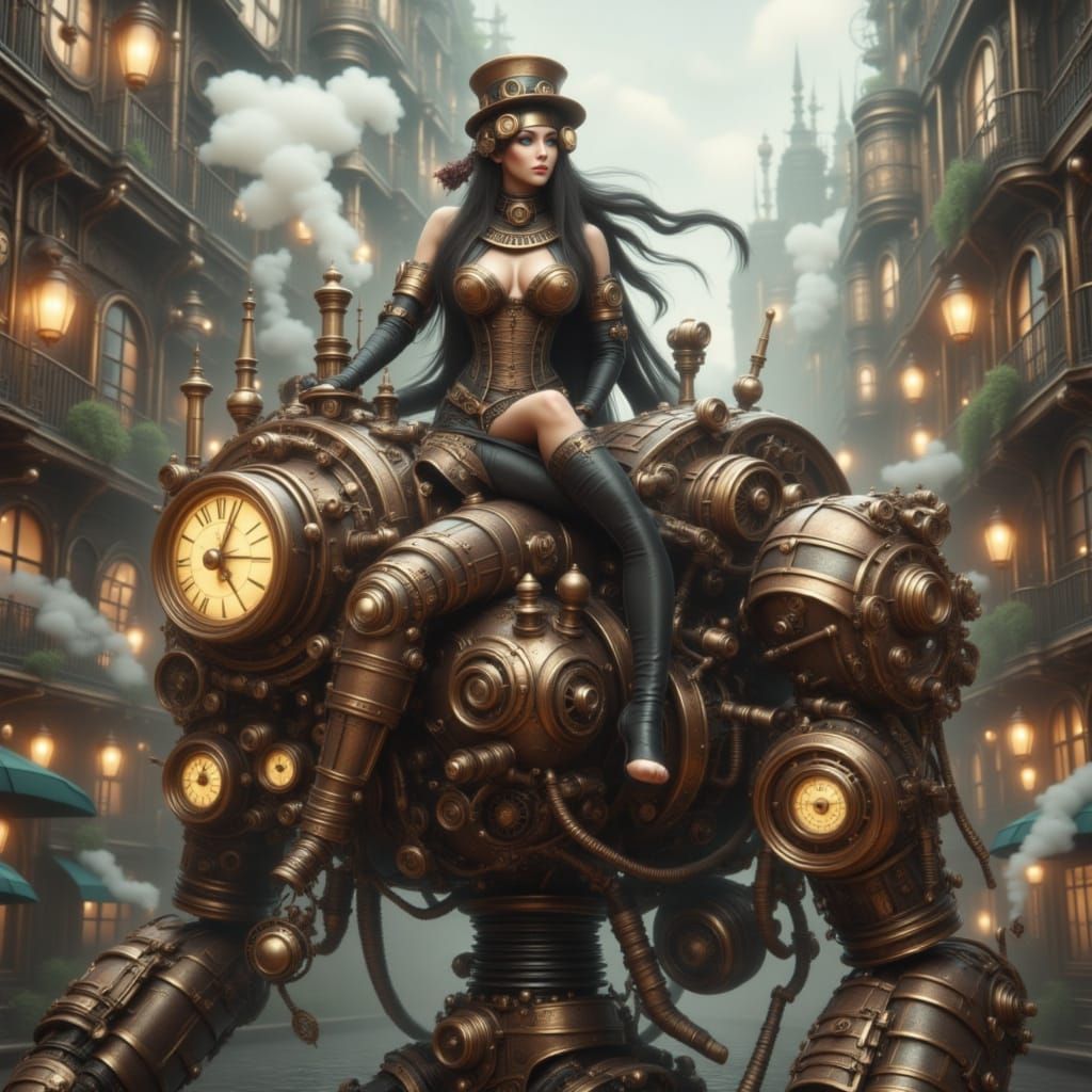Steampunk Woman on Robot in Bustling City