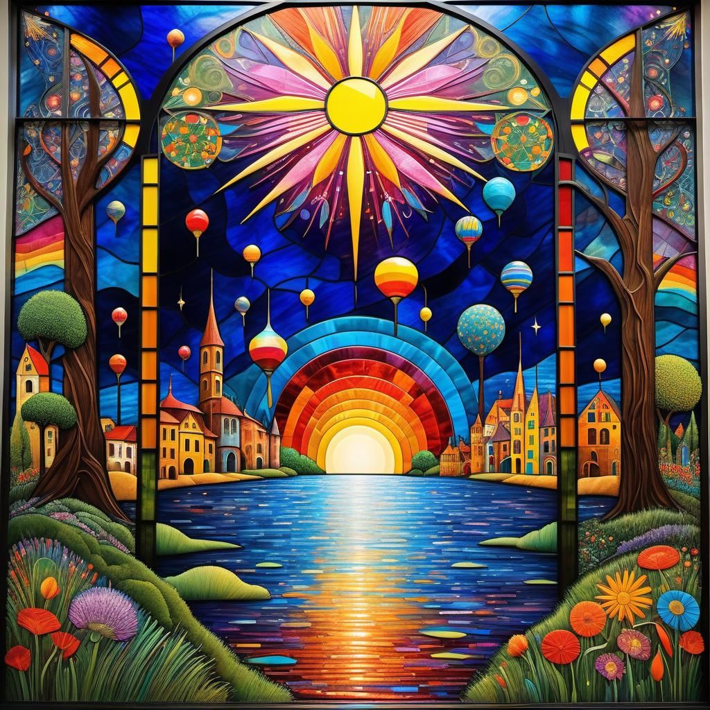 Stained Glass Flamingos in Abstract Landscape