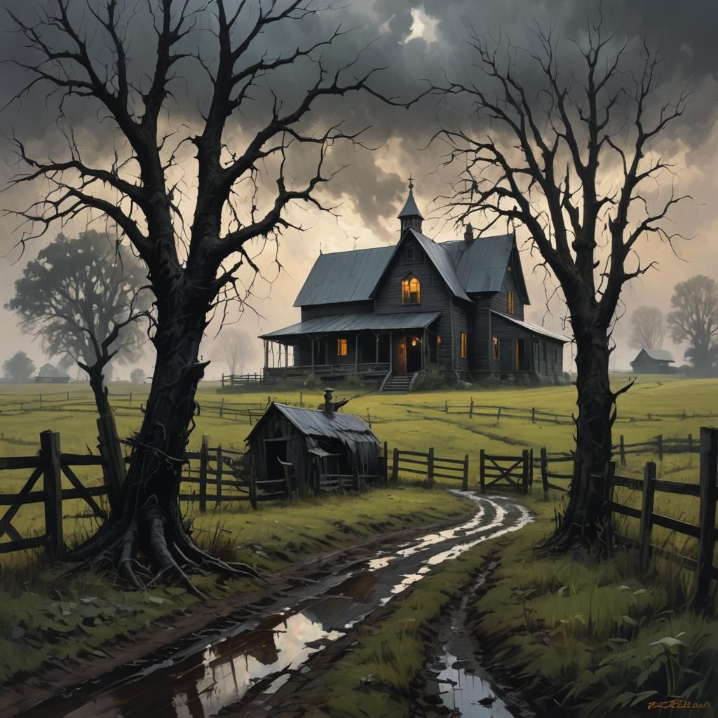 Sinister Gothic Farm Scene in Dark Fantasy Style