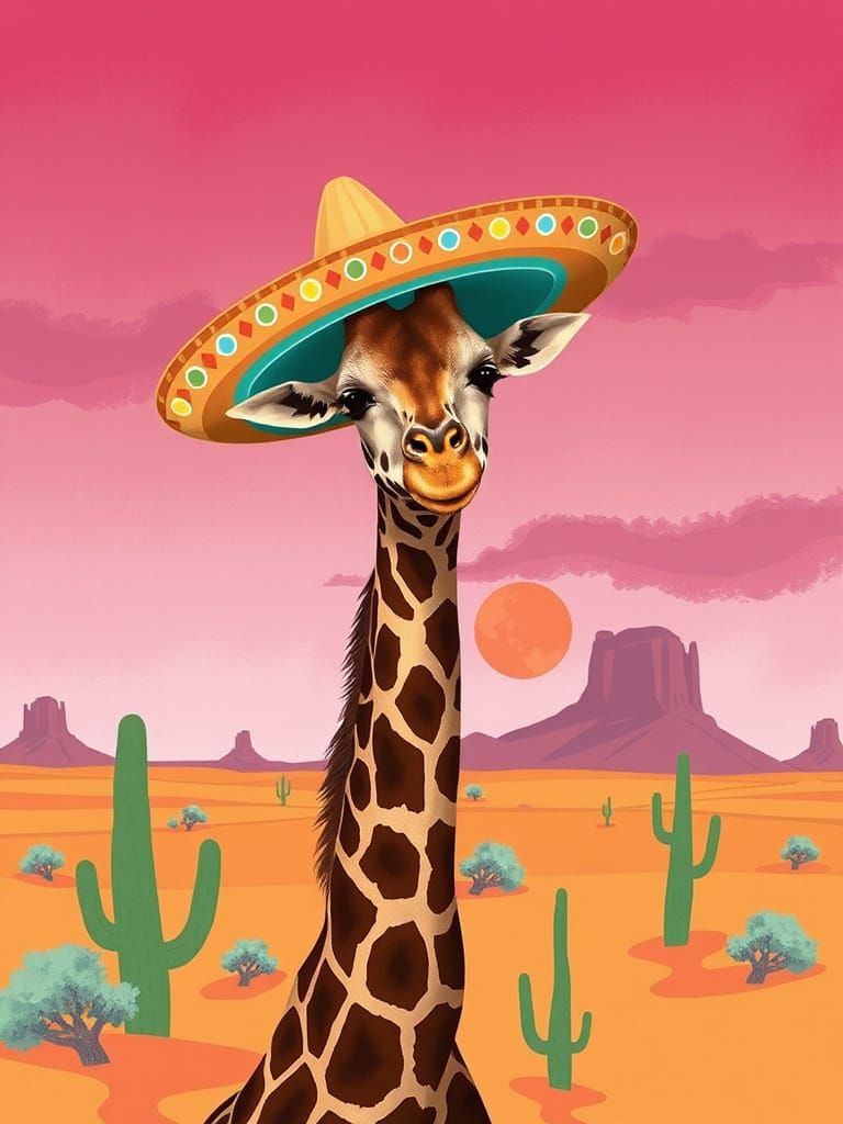 Giraffe in Sombrero in Whimsical Desert Landscape