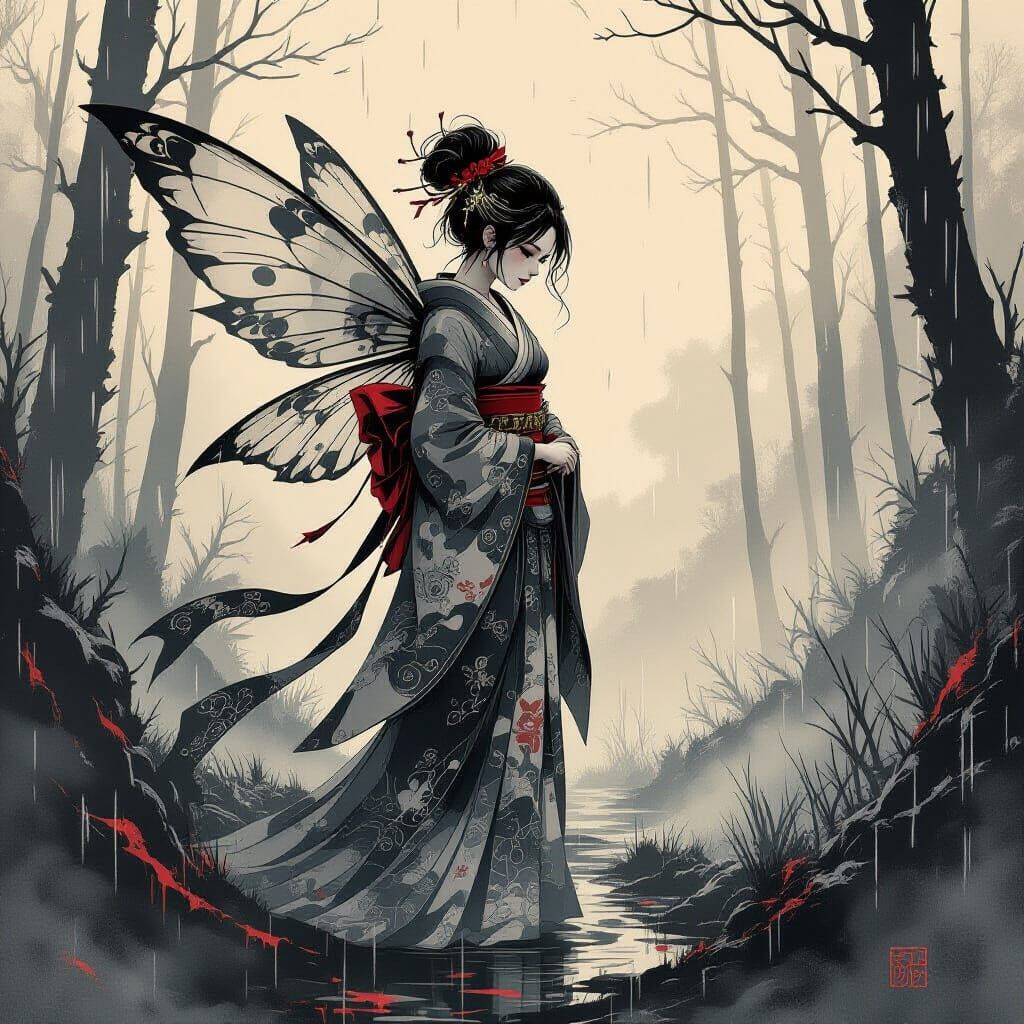Smoky Fairy in Dystopian Forest, Ukiyo-e Style