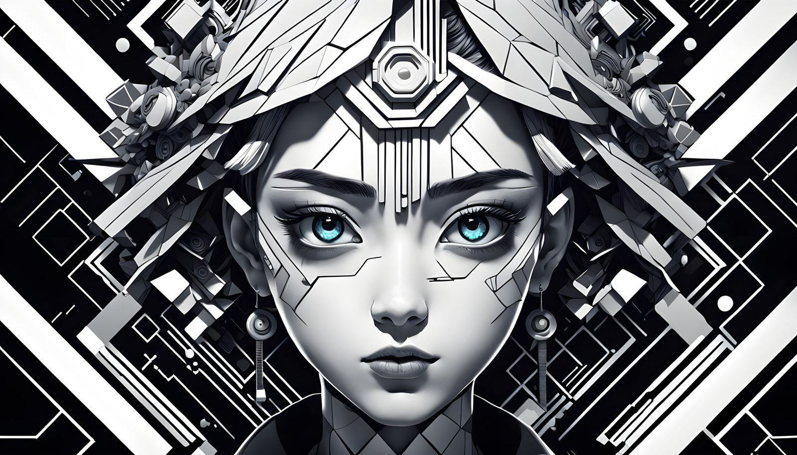 Monochrome Anime Woman Portrait in Pop Art Style