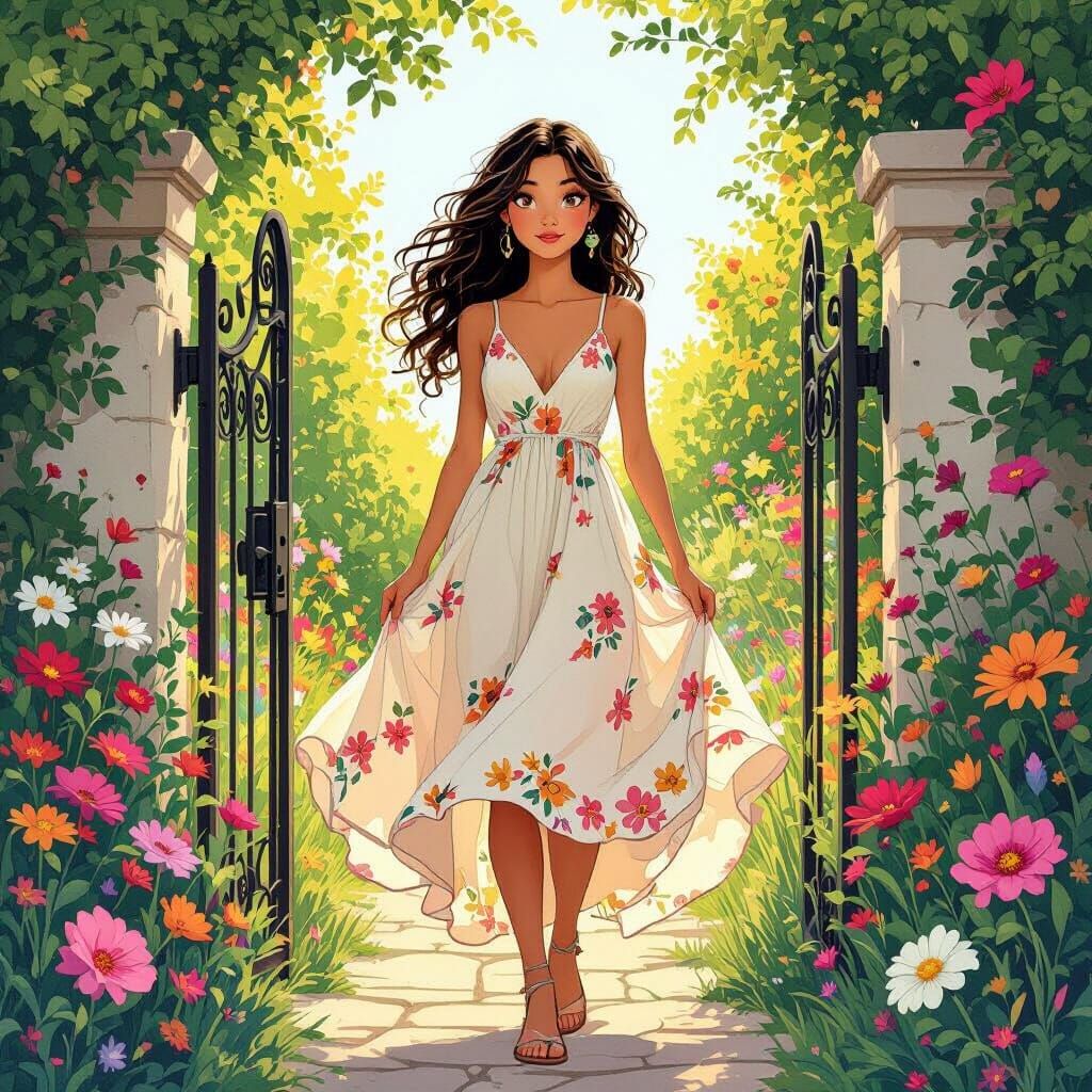 Girl at Whimsical Garden Gate with Vibrant Flowers