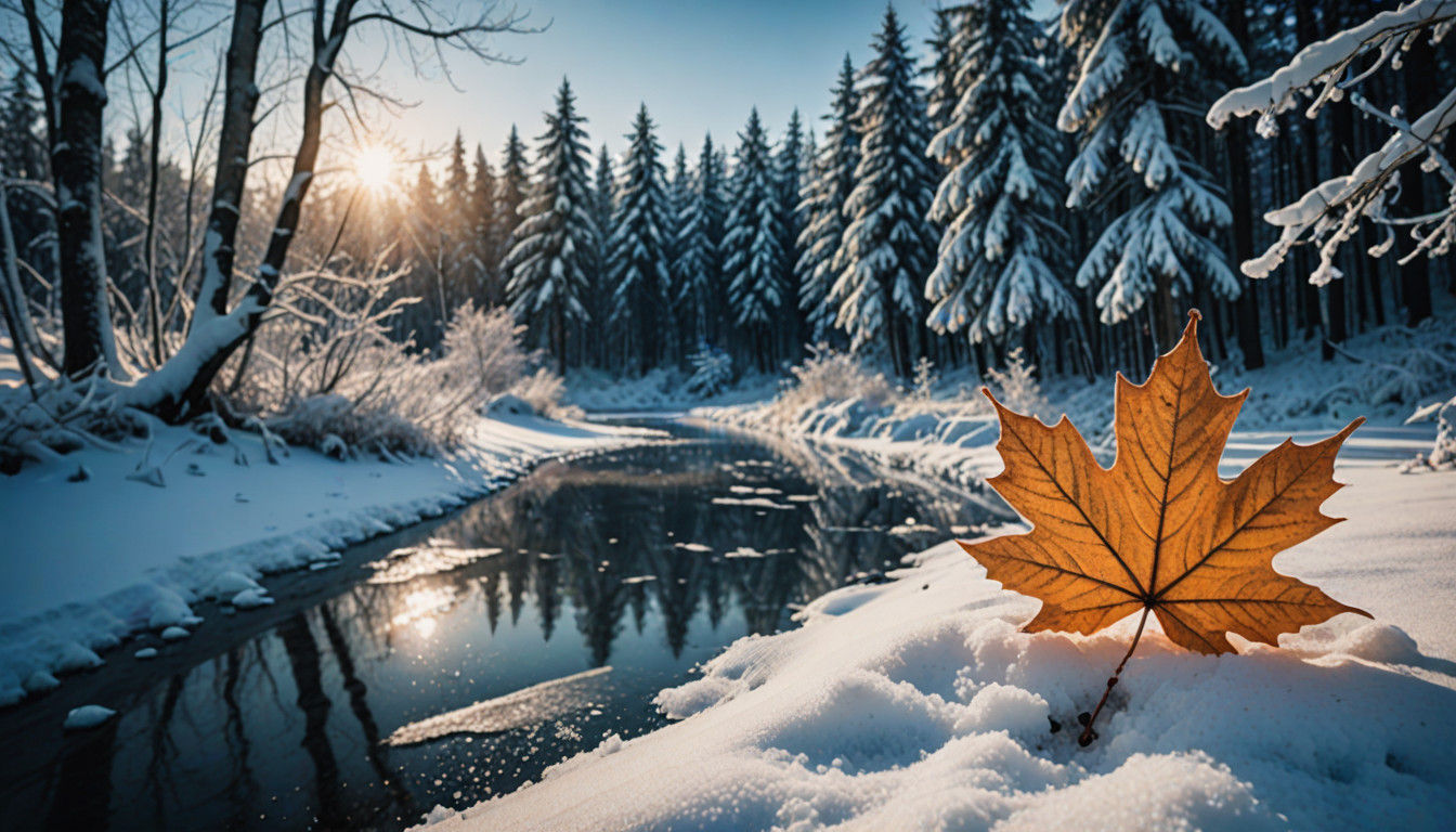 Serene Icy Winter Wonderland Within a Maple Leaf Silhouette