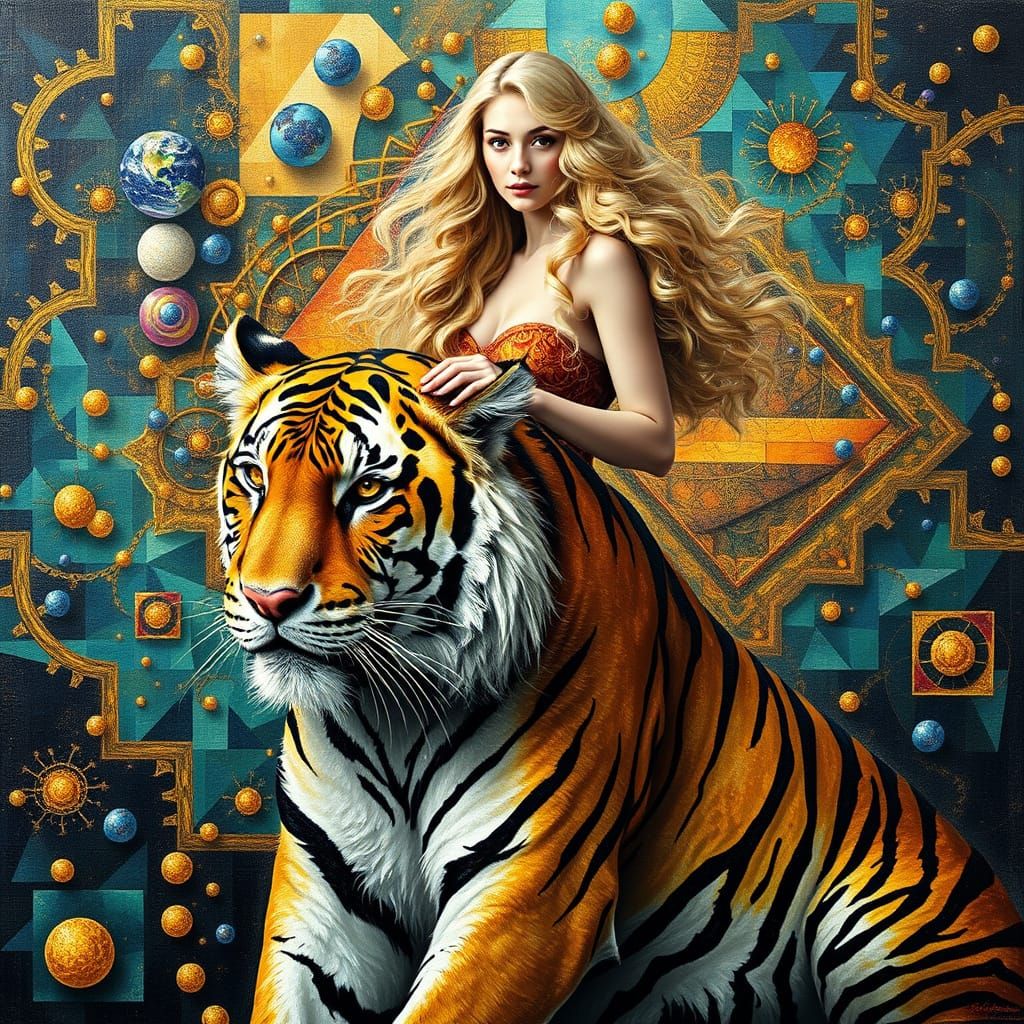 Surreal Blonde Goddess Rides Golden Tiger amidst Mosaic Frac...