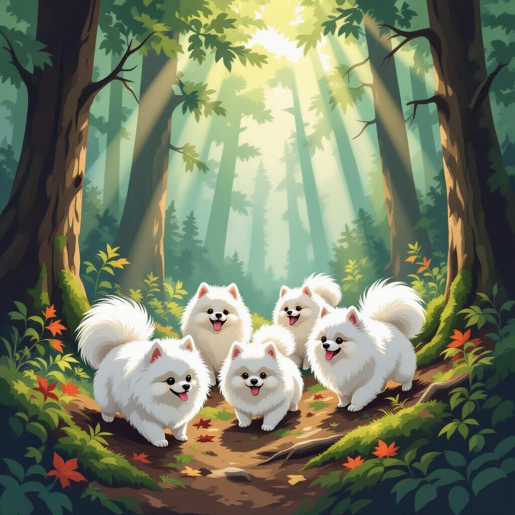 Fluffy Pomeranians Hunt Bigfoot in Misty Forest