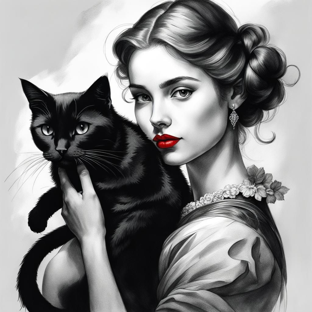 Ink and pencil sketches of a young girl carrying a black cat in her arms   /02