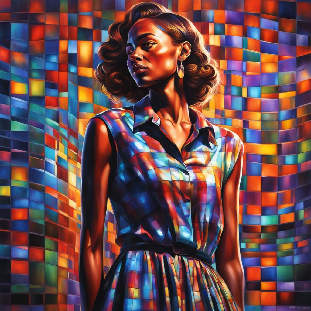 Woman in Plaid Dress: Hyperrealistic Portrait