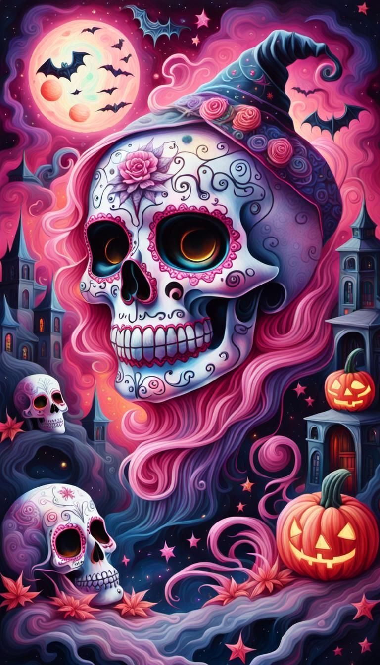 Cosmic Halloween Sugar Skull in Holographic Style