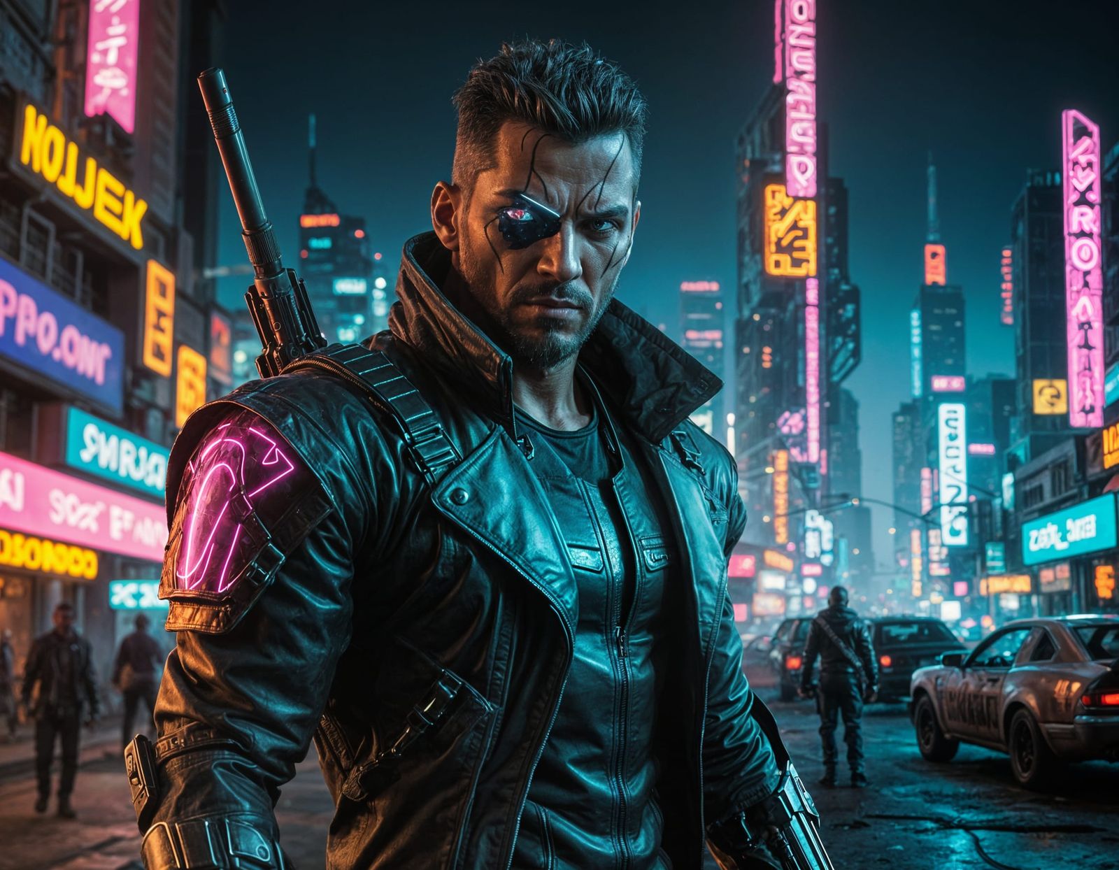 Cyberpunk Bounty Hunter in Dystopian Neon Cityscape