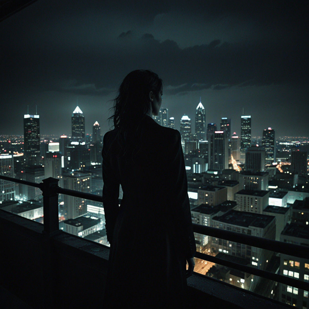 Pale Vampire Woman Overlooks Dark Jacksonville Cityscape in....