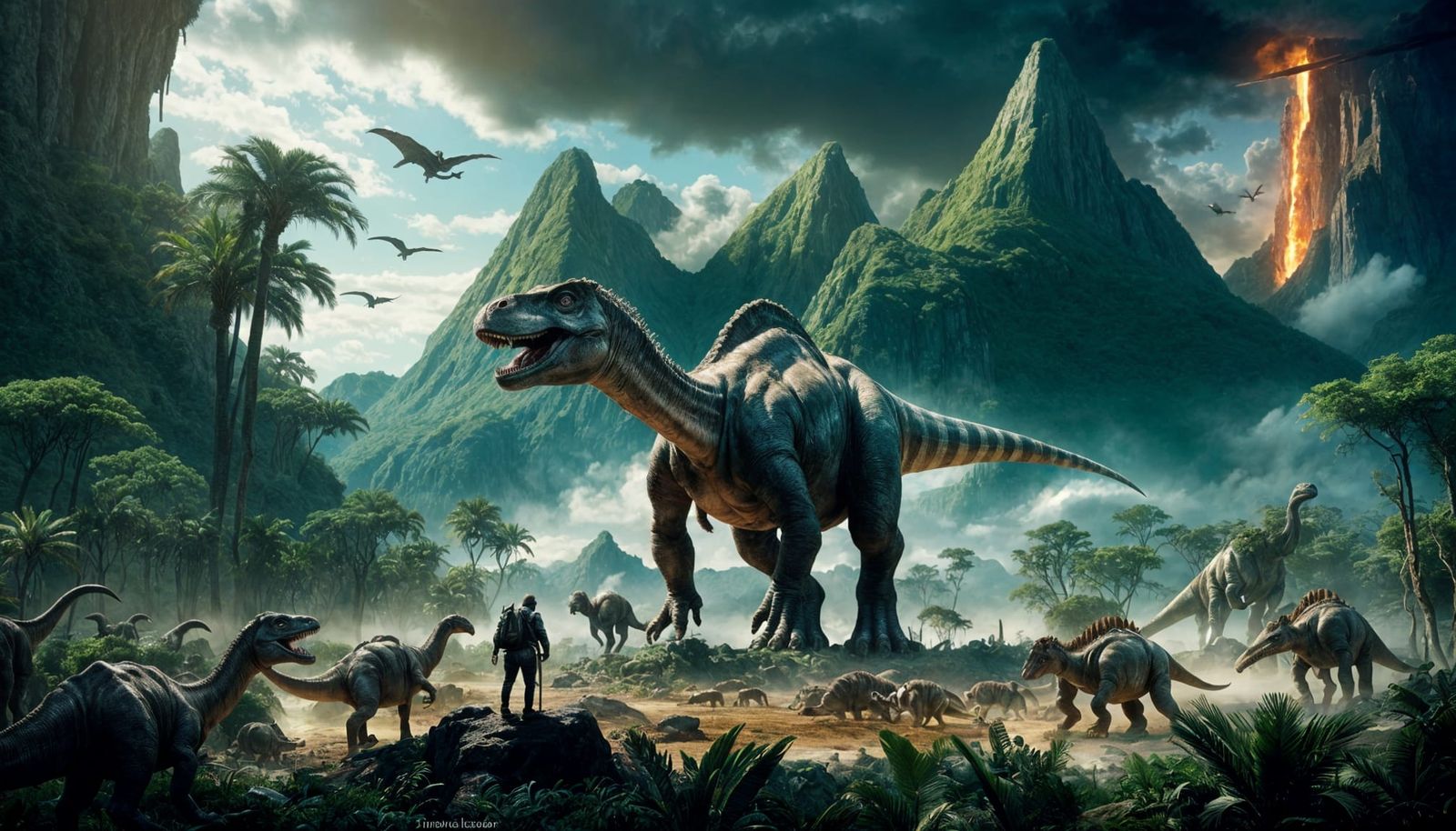 towering dinosaurs roaming primeval landscape