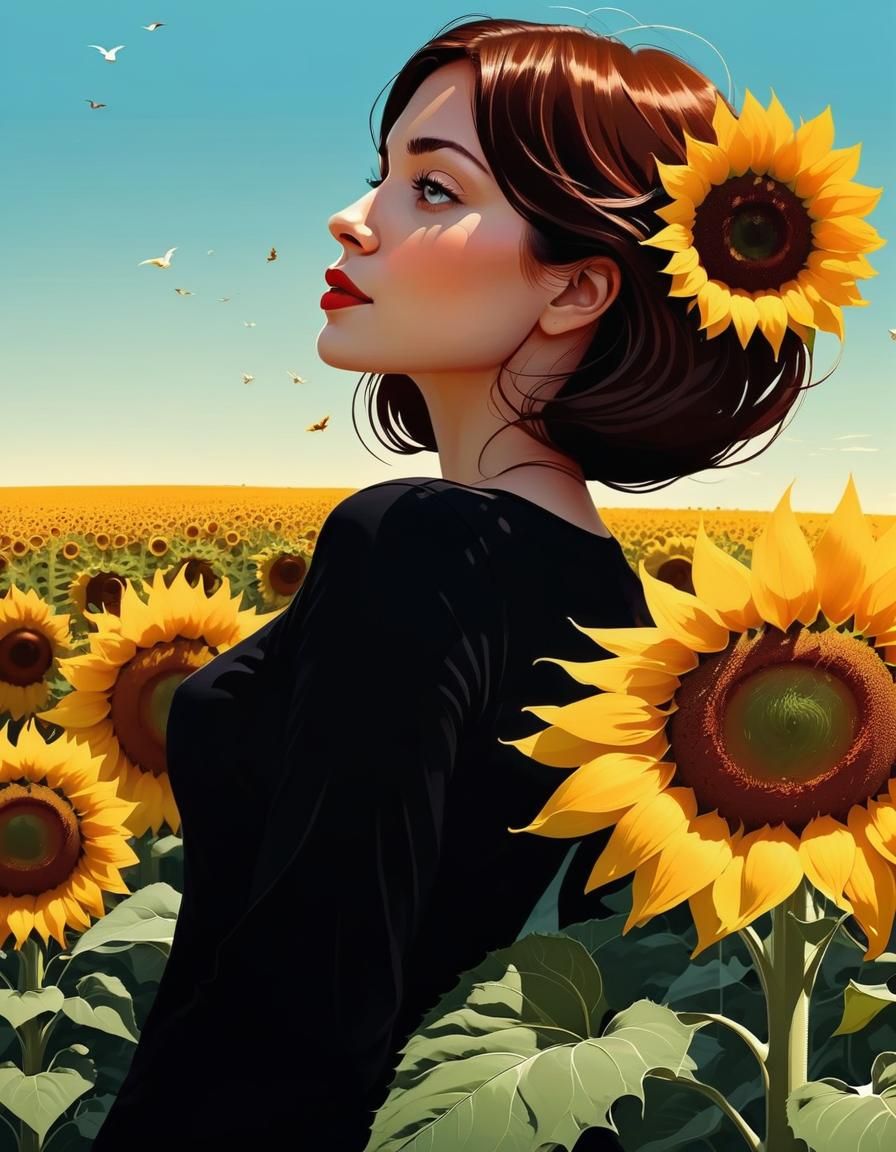 Woman in Sunflowers: Cel-Shaded Digital Art