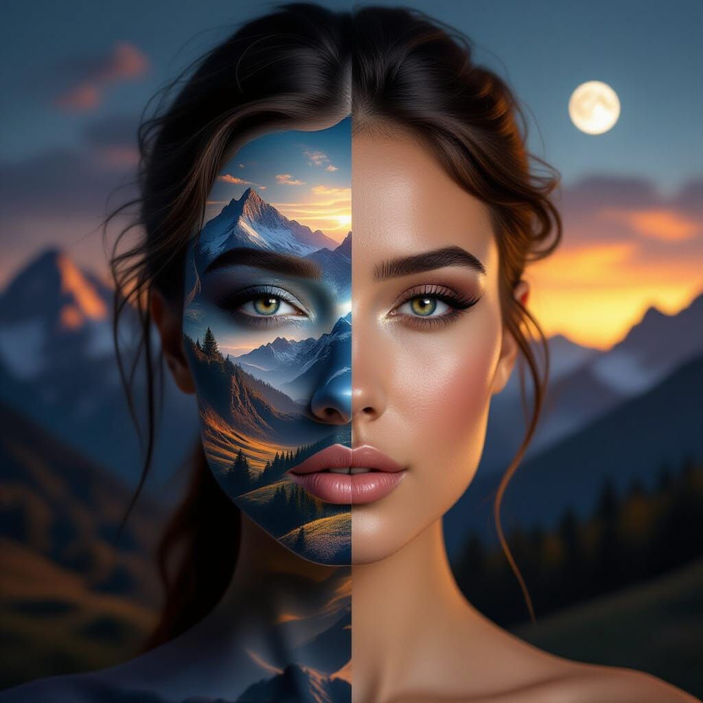 Hyper-Realistic Face Merged With Nature Landscape