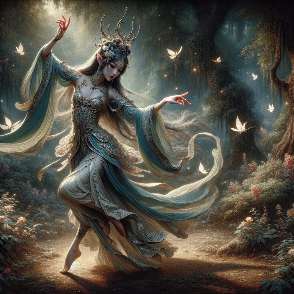 Ethereal Elf Maiden Dances in Whimsical Woodland Scene