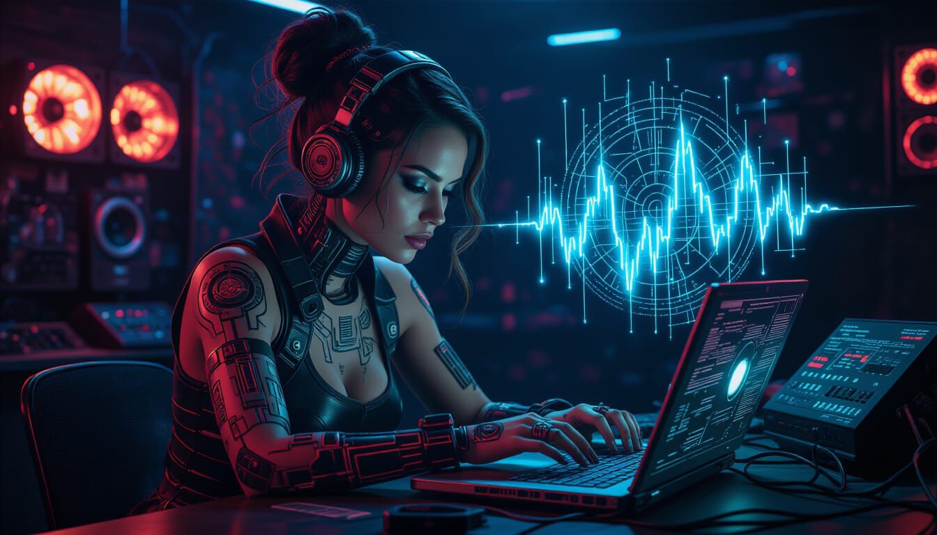 Steampunk Cybernetic Woman Works on Laptop in Neon Studio